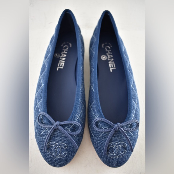 Chanel 26P Washed Denim Blue Quilted CC Logo Bow Tie Ballet Ballerina Flat 38.5 - Picture 10 of 16